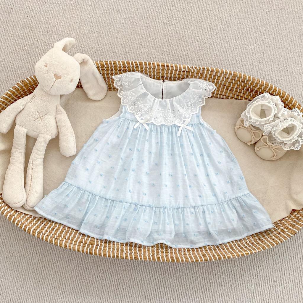 Girls Summer Sleeveless Floral Lace Trim Ruffled Princess Dress