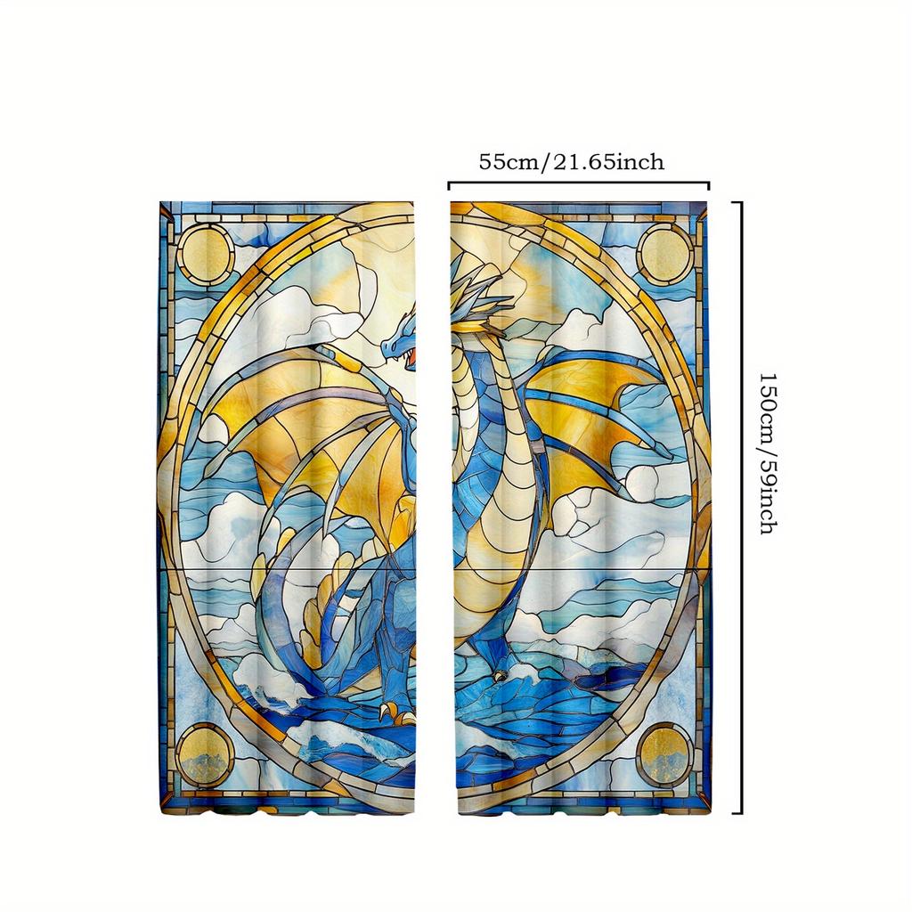 2pcs Decorative CurtainsWestern Dragon Drapes   Glass Dragon and Abstract Geometric Style for Boys and Girls