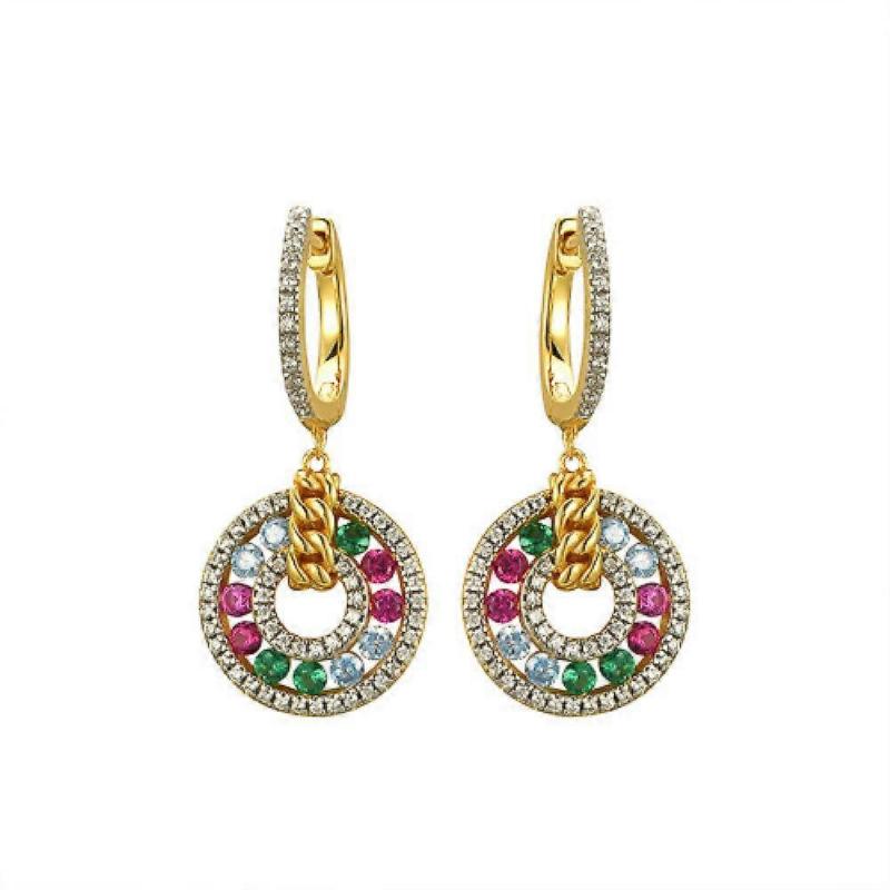 Rainbow CZ Chain Hoop Pendant Stud Earrings