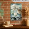 2D Flat, 1pc Nautical "Welcome" Seashell & Starfish Metal Wall Art Sign - 8*12 Inch Aluminium Rustic Beach House Decor, Coastal Watercolor Style