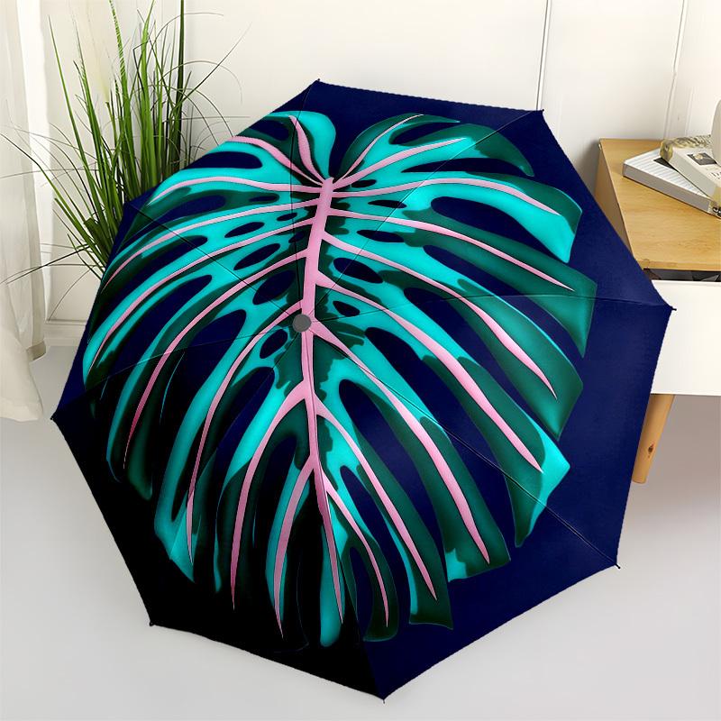 1pc Monstera Leaf Pattern Automatic Folding Umbrella, Heavy Duty 8 Rib Iron Frame,  Suitable for Travel, Daily Use, Birthday, Decor Gift  73