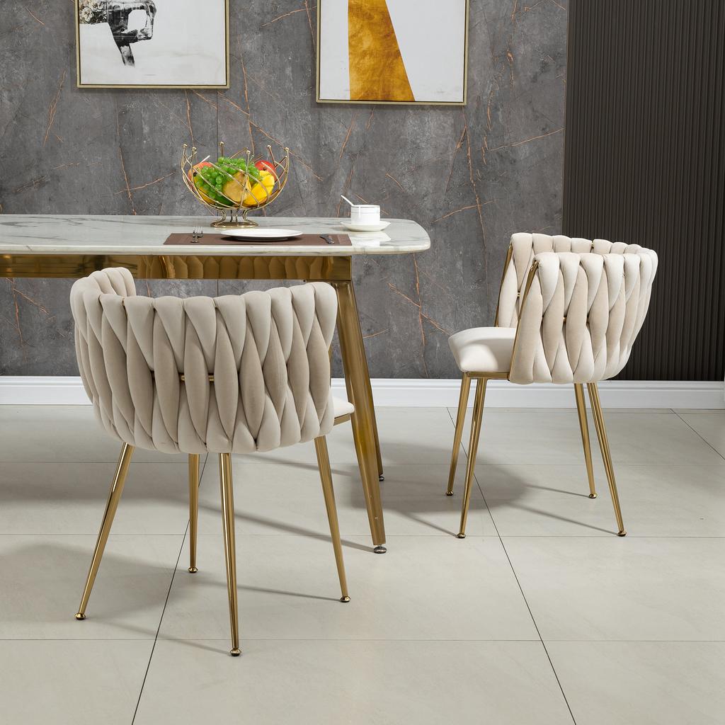 (Old SKU:W1880109477)Modern Luxurious Velvet Dining Chair Set with Golden Metal Legs, Elegant Hand-Woven Design and Soft Cushions
