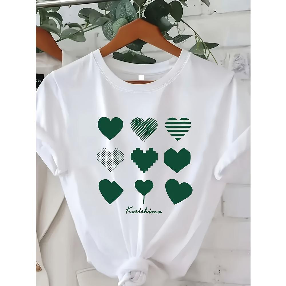 Women Casual with Green Heart Graphic Design Kinshima Print Sleeve Round Neck All-Season Top Clothes S