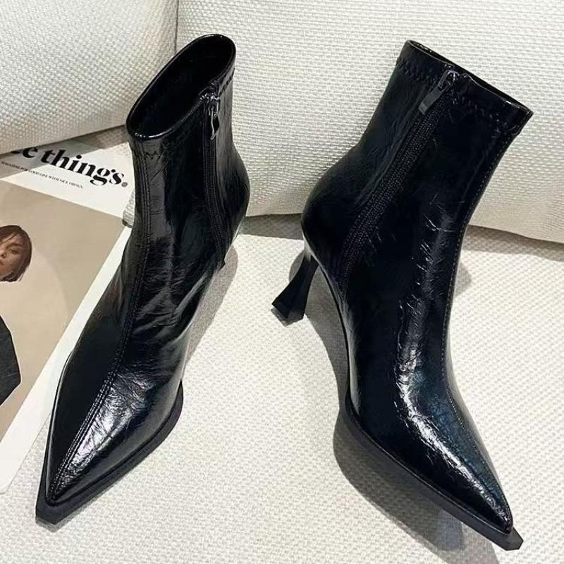 Розкішні жіночі черевики на щиколотці на високих підборах із загостреним носком, модне взуття, сексуальні елегантні жіночі туфлі-човники 2025 Зима Дизайнерські ботильйони для жінок