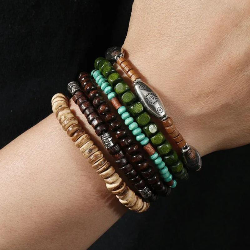 Wood Beaded Bracelets Handmade Bohemian Multilayer Set Ethnic Retro Floral Charm Wristband Stackable Hand  for Men Women