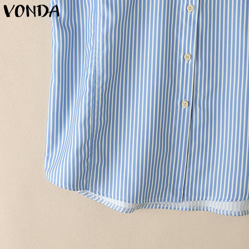 VONDA Women Stitching Lapel Short Sleeve Striped Buttons Up Casual Blouse