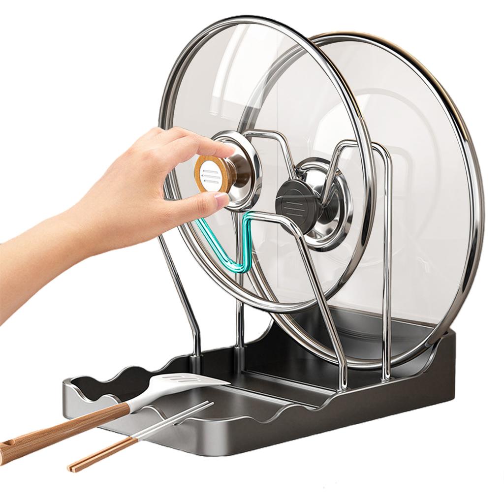 Stainless Steel Kitchen Pot Lid Storage Rack While Cooking Utensils Pan Pot Cover Lid Rack Shelf with Spoon Rest for Counter