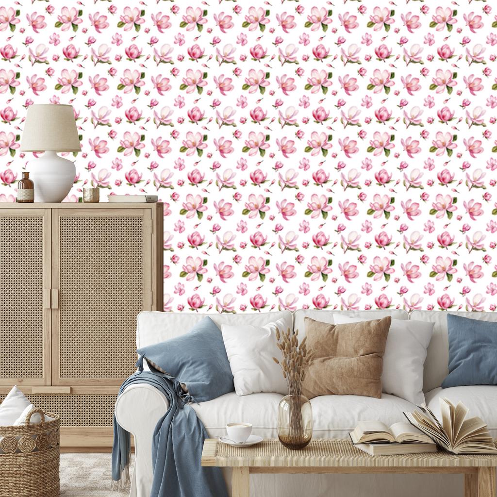 Wallpaper Flowers white, powder pink, coral and light gray 50x1000