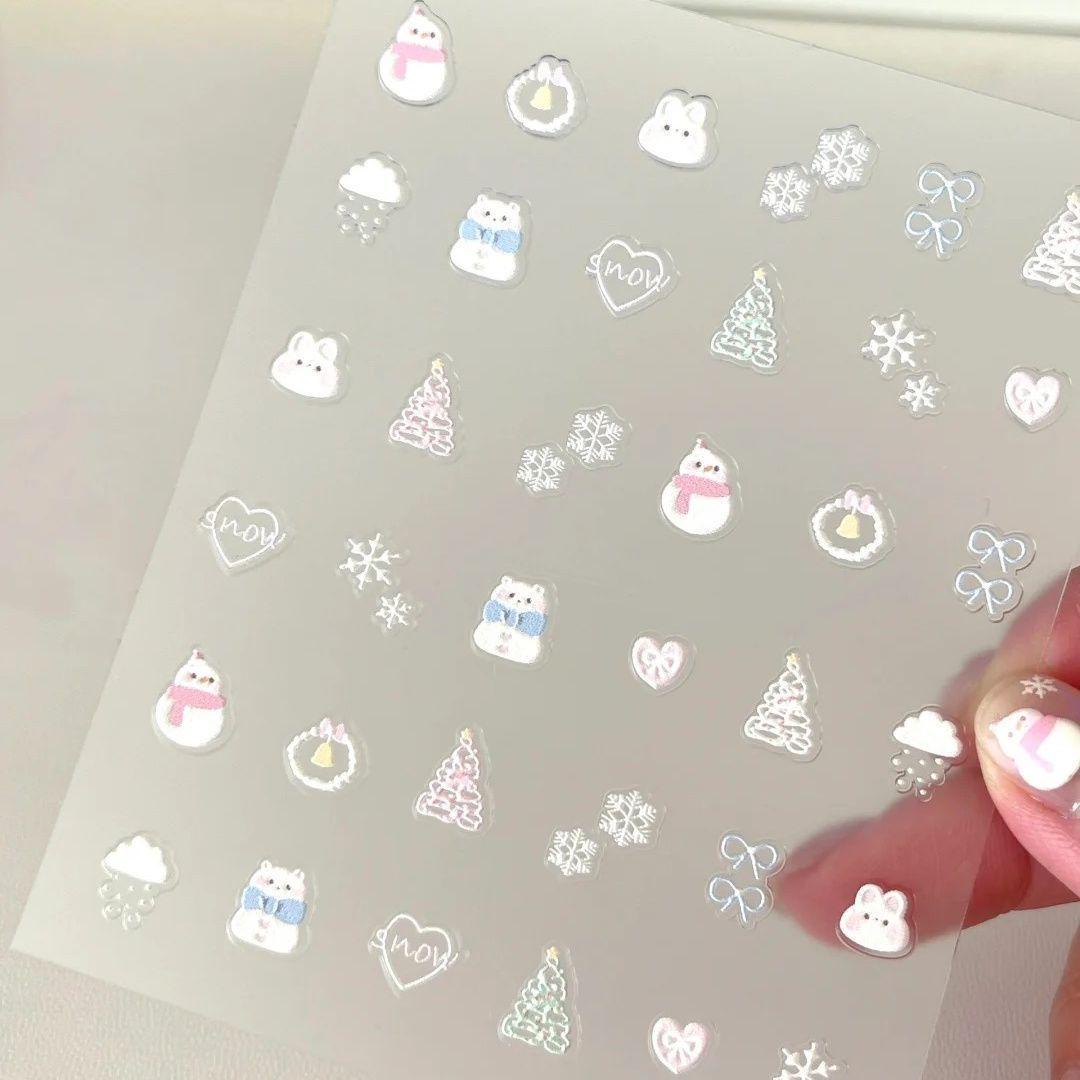 Korean Style Snowflake Snowman & Bow Embossed Christmas Nail Art Stickers Small Cloud Snowman - 1 Sheet