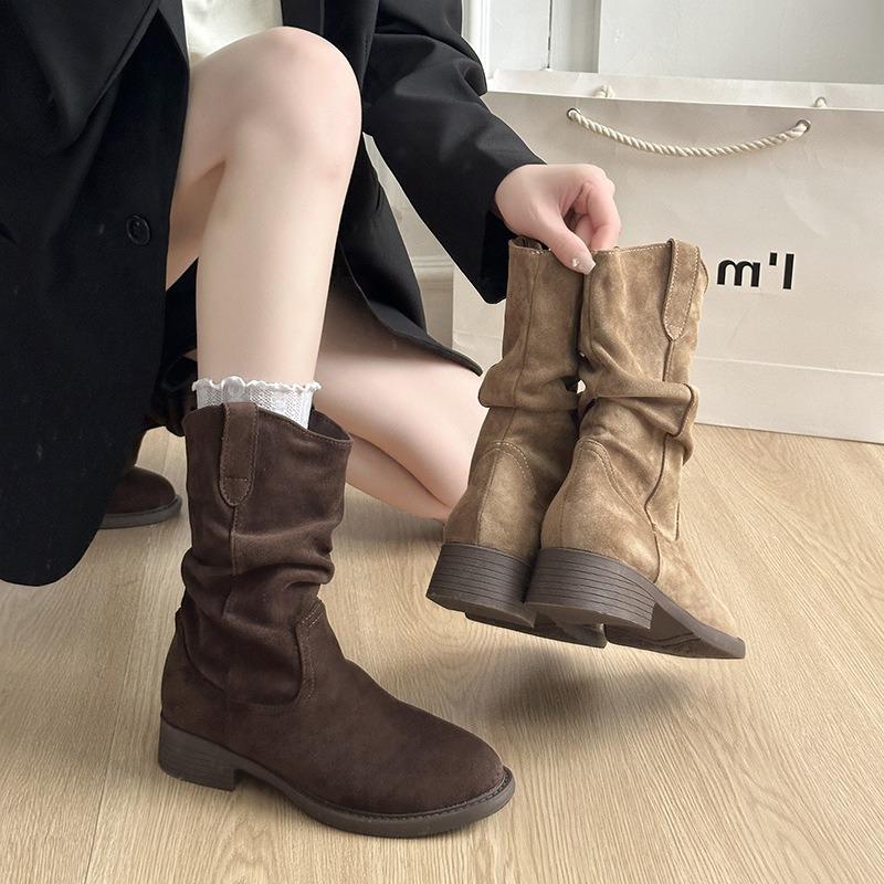 Pleated pile boots new summer thick heel V mouth thin versatile low tube retro western cowboy boots