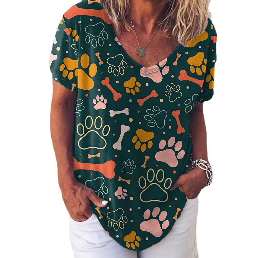 New Rainbow Watercolor Dog Paw 3D Printing T-shirt Women's V-neck Casual Short-sleeved Y2k Top Harajuku Tees Clothing