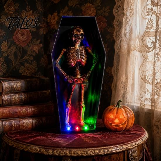 Desktop Halloween Decoration Dancing Skeleton In Casket, Light Up Musical Toy with Automatic LED Lights, Spooky Animated Decor, Party Haunted
