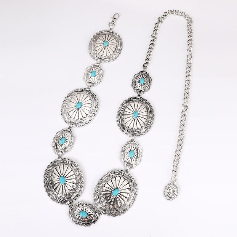 Bohemian Waist Chain Turquoise Inlaid Large Accessories Western Style Denim Handsome Metal Heavy Industry New Women's Waist Chain