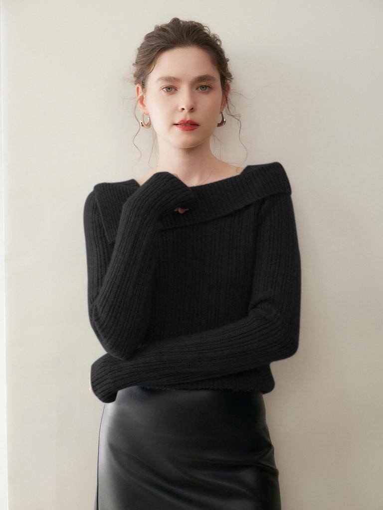 One-Shoulder Solid Color Cashmere Women's Ribbed Knit Sweater - Slimming Lazy Style for Autumn/Winter New Arrivals