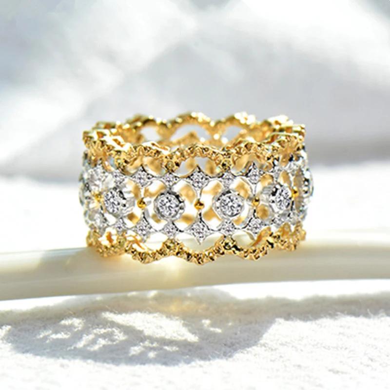 Huitan Aesthetic Hollow-out Pattern Rings Chic Luxury Two-tone Engagement  for Women Gorgeous Exquisite Party Accessories