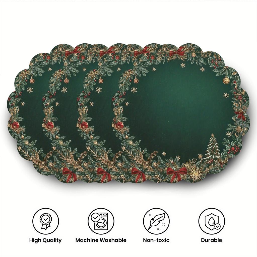 4/6PCS Round Christmas Placemats 38cm – Emerald Green & Gold Pattern Table Mats for Dining Table & Holiday Decor