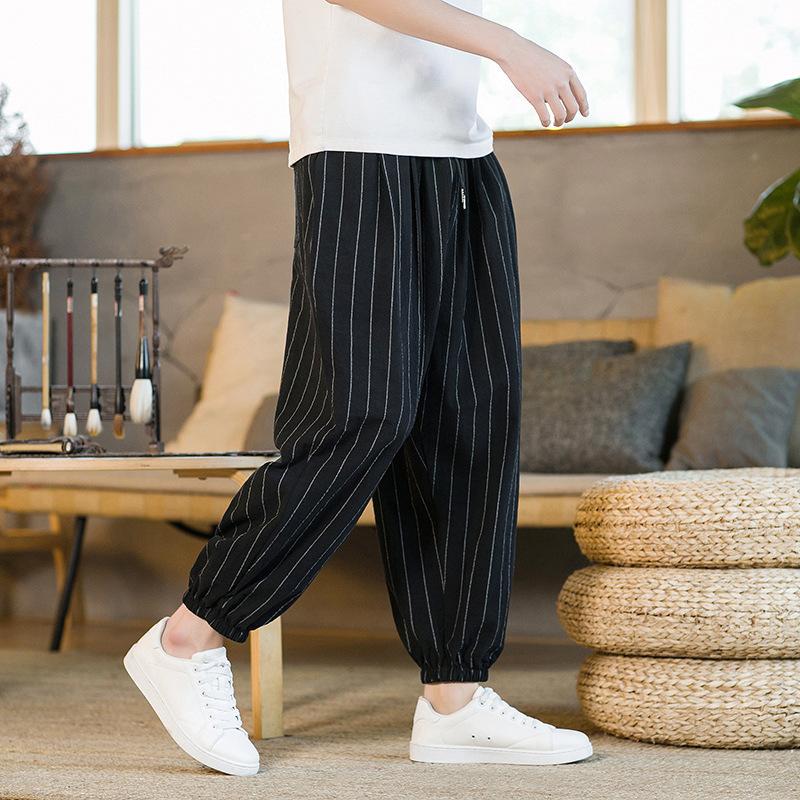 Summer New Large Size Men's Cotton and Linen Striped Nine-point Pants Men's Fashion Chinese Pants