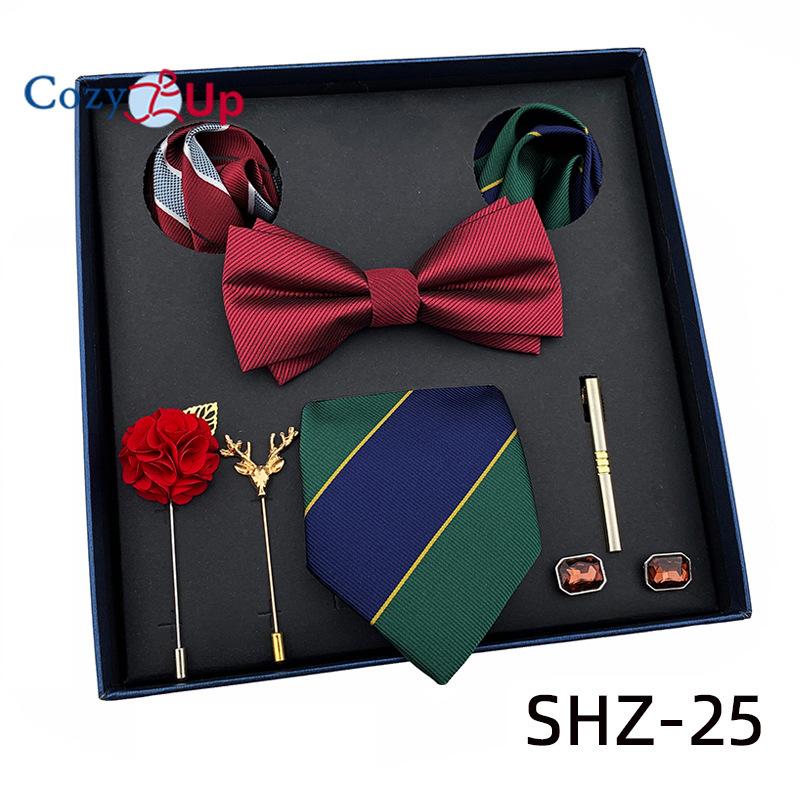 7 PCS Classic Men's  Tie Set Paisley Stripe Necktie for Men Pocket Square Bowtie  Brooch Cuff Father's Day Gift Box