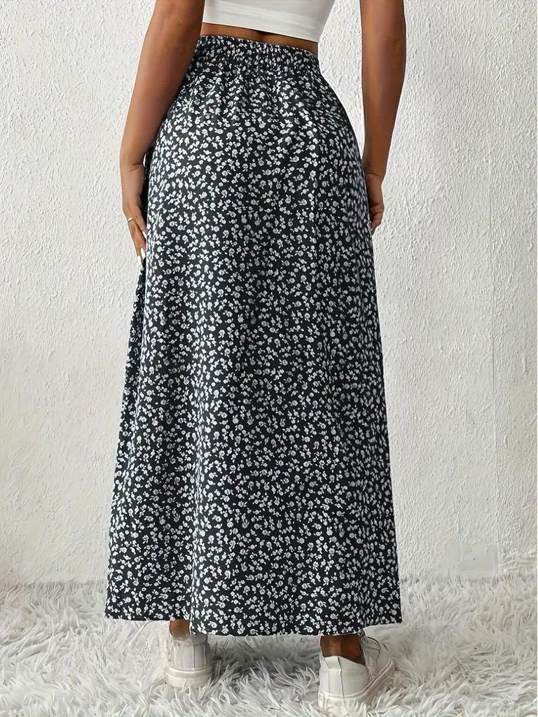 Women's Vintage High Waist Printed Long Skirt with Side Slit - Spring/Summer