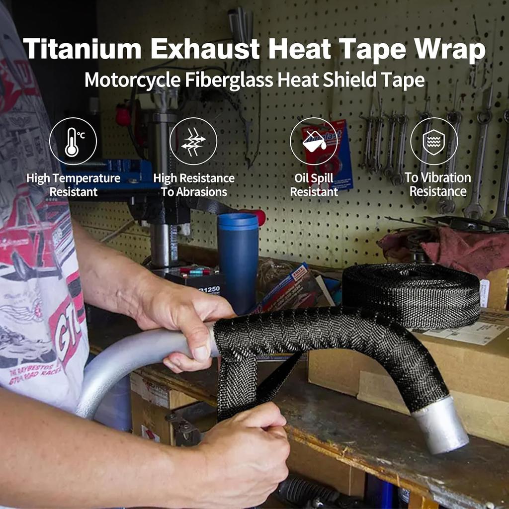Exhaust Heat Wrap,2”X 16 Ft, Motorcycle Fiberglass Heat Shield Tape With Stainless Ties, Black