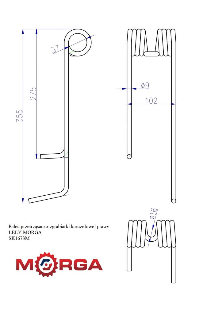 Right rotary rake tine - tedder tine LELY SK1673 FI-9mm -370 powder coated MORGA