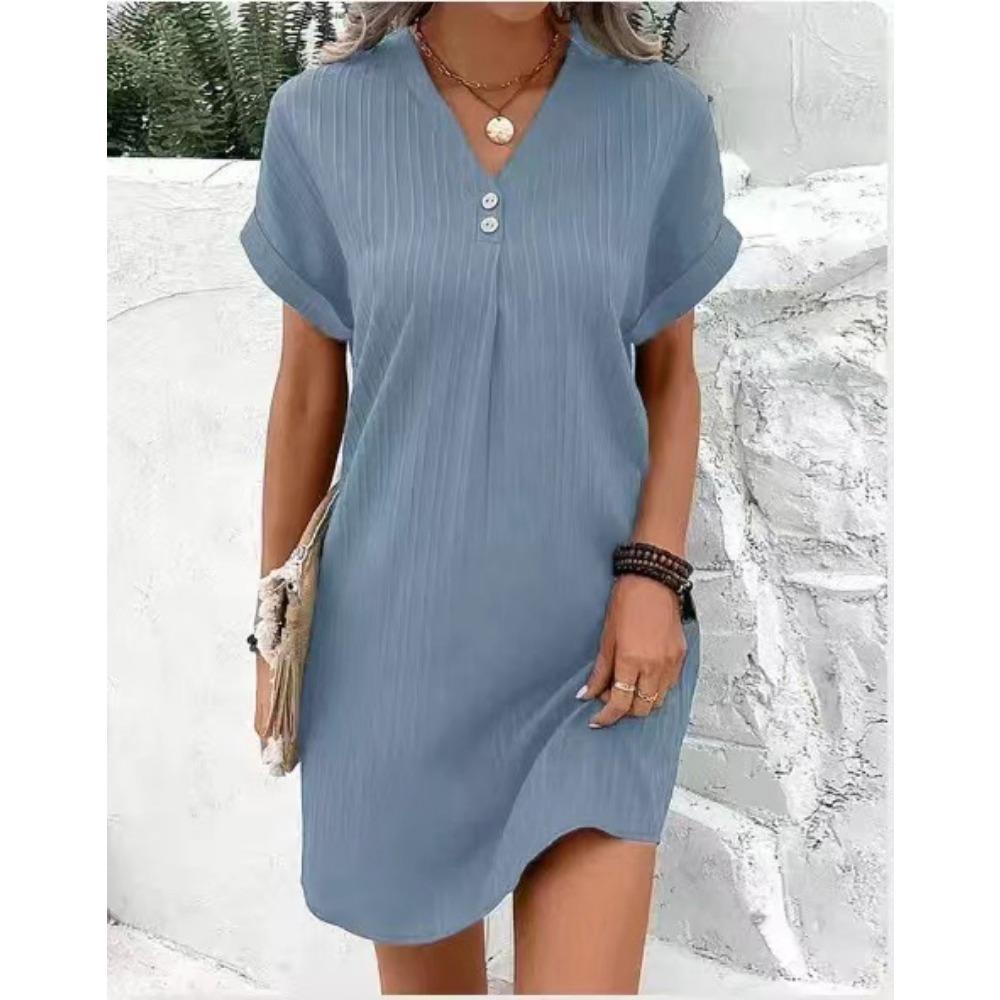 New Women's V-neck Solid Color Pullover Casual Button Dress