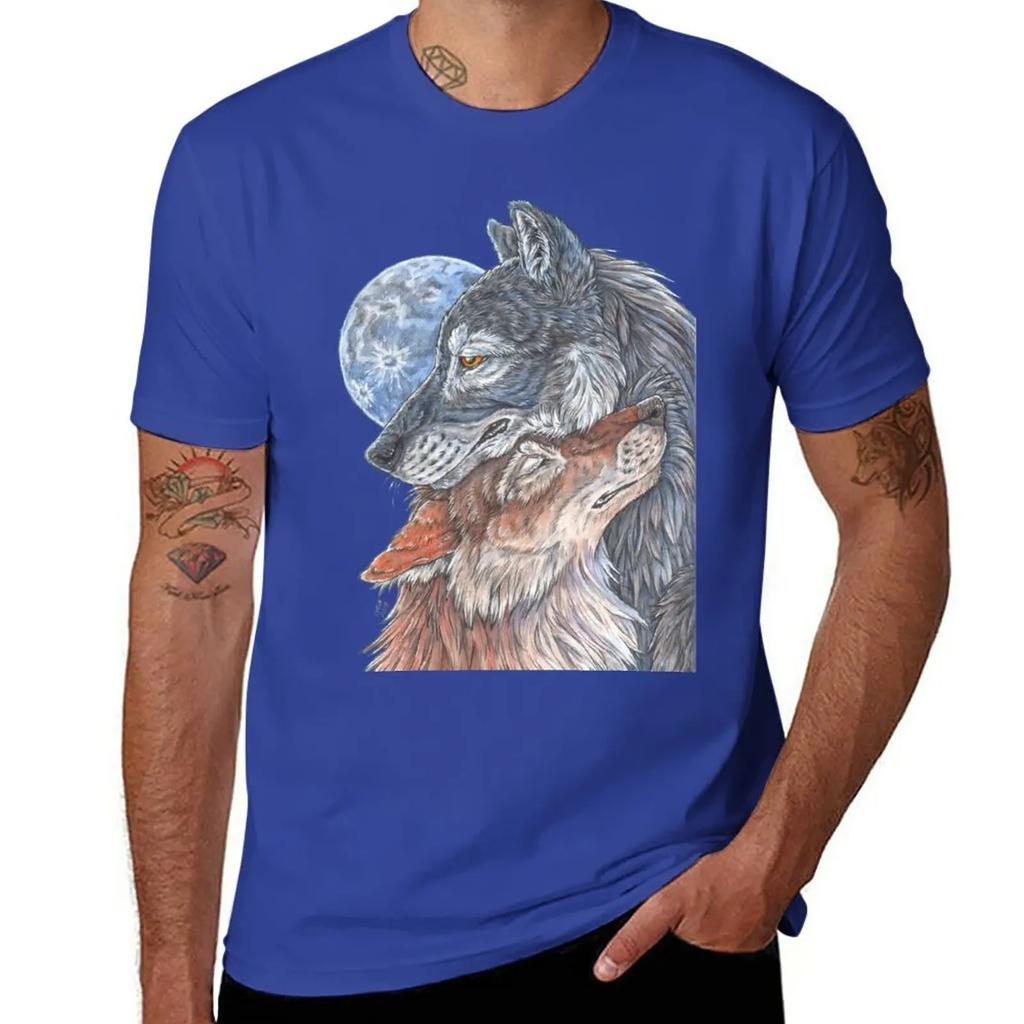 Two Wolves Under Full Moon, No Background T-Shirt Summer Top Heavyweights Mens Graphic T-shirts Hip Hop
