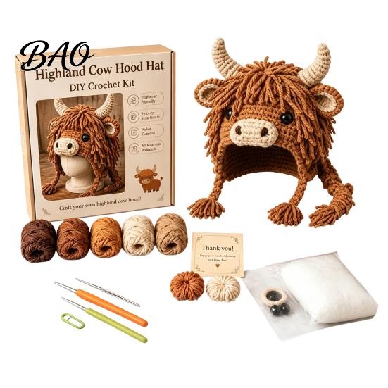 Parent Child Art Project Highland Cow Hat Crochet Kit, Halloween Pumpkin Spider Hood Handmade Holiday Ornament DIY Craft Kit for Adults Teens