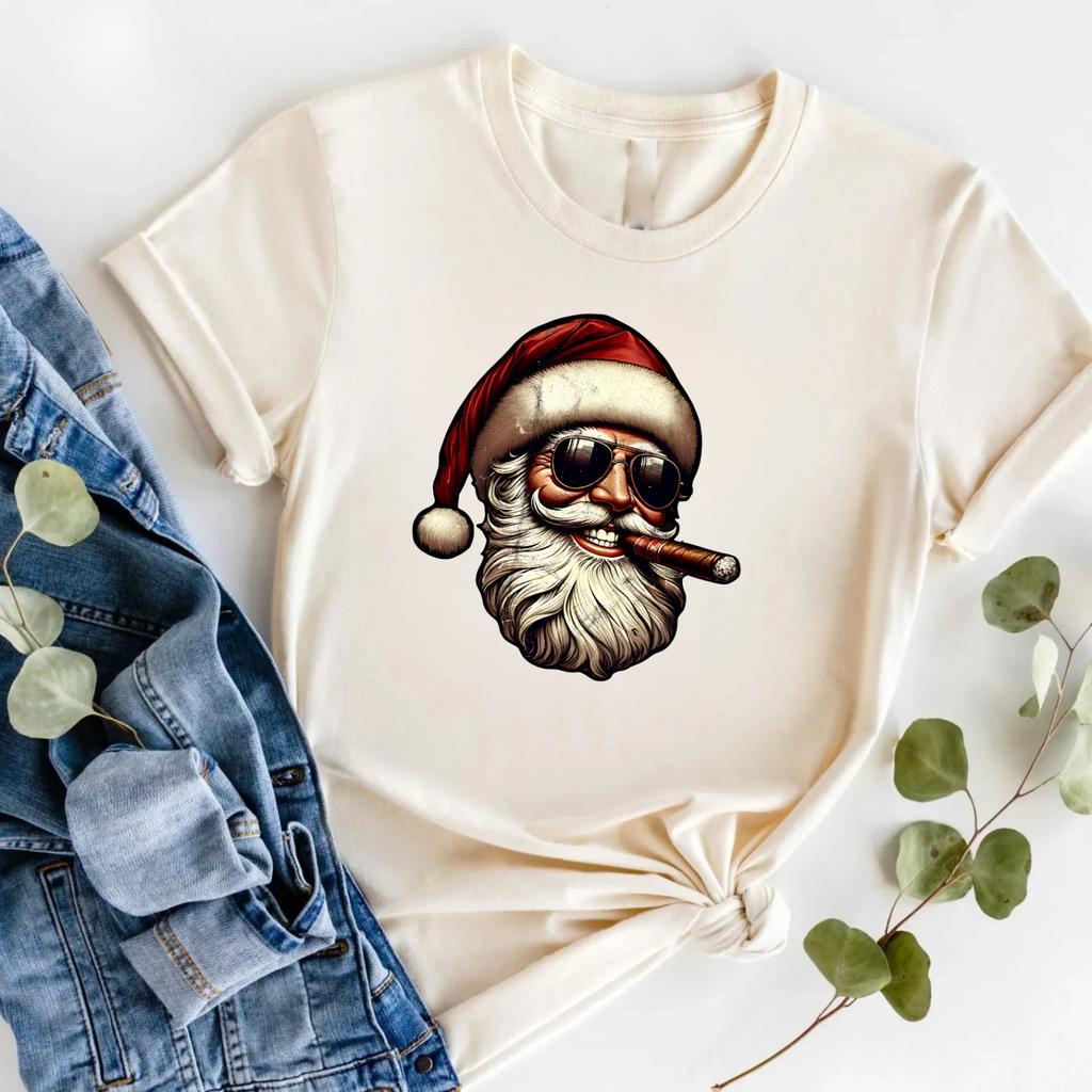 Sarcastic Christmas Graphic T-shirt Santa With Glasses Smoking Ciigar Gift Tee
