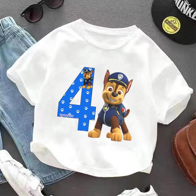 Paw Patrol Chase T-shirt for Children Birthday Figure Tee Top Boys White Clothes Cartoon Short Sleeve Kids Loose Clothing Gift