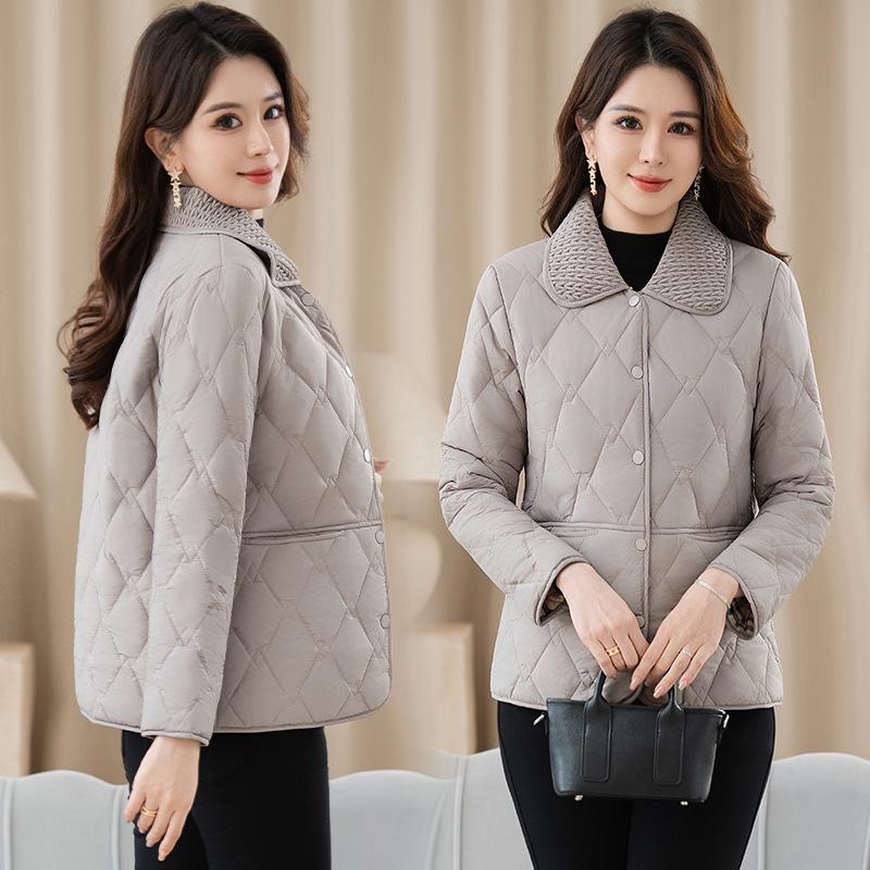 Solid Color Lapel Middle-aged Padded Jacket Down Padded Jacket Women's Autumn and Winter Ladies Lightweight Small Padded Jacket Short Commuter