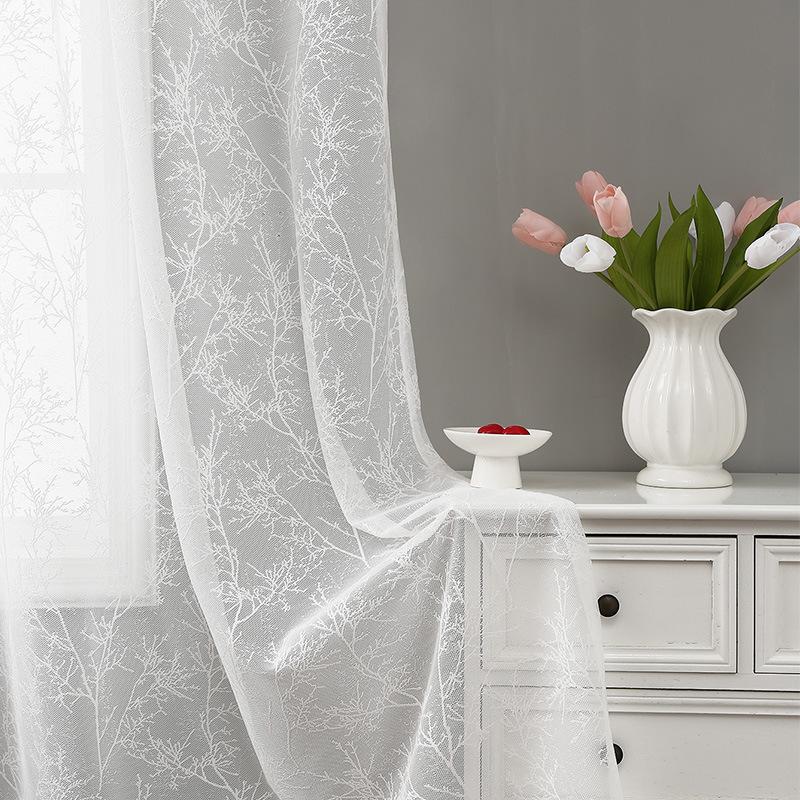 Chinese Simple White Background Branches Lace Curtains Living Room Kitchen Balcony Study Lace Semi-Blackout Decorative Curtains
