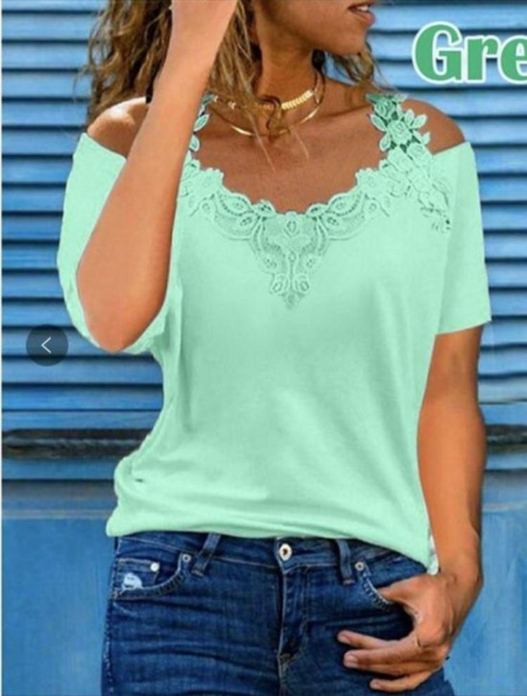 American Style European Women's Casual Loose V Neck Short Sleeve T Shirt with Lace Splice