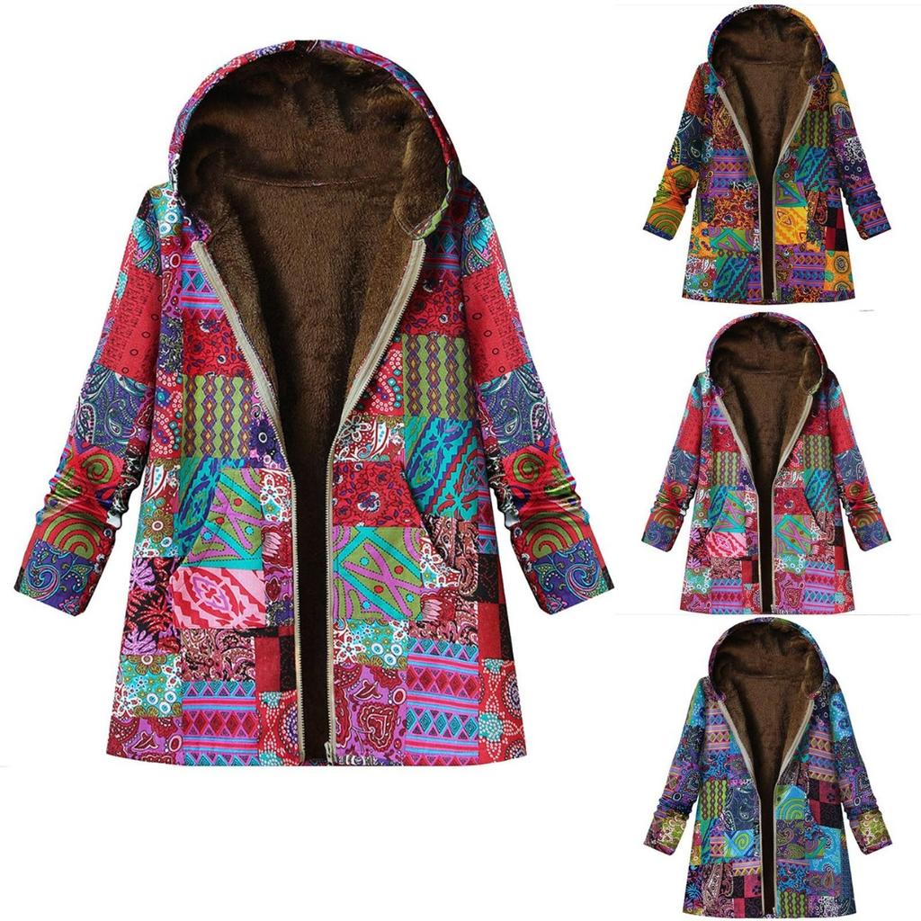 Giacca con cappuccio taglie forti da donna in peluche composito spesso con stampa floreale vintage a maniche lunghe