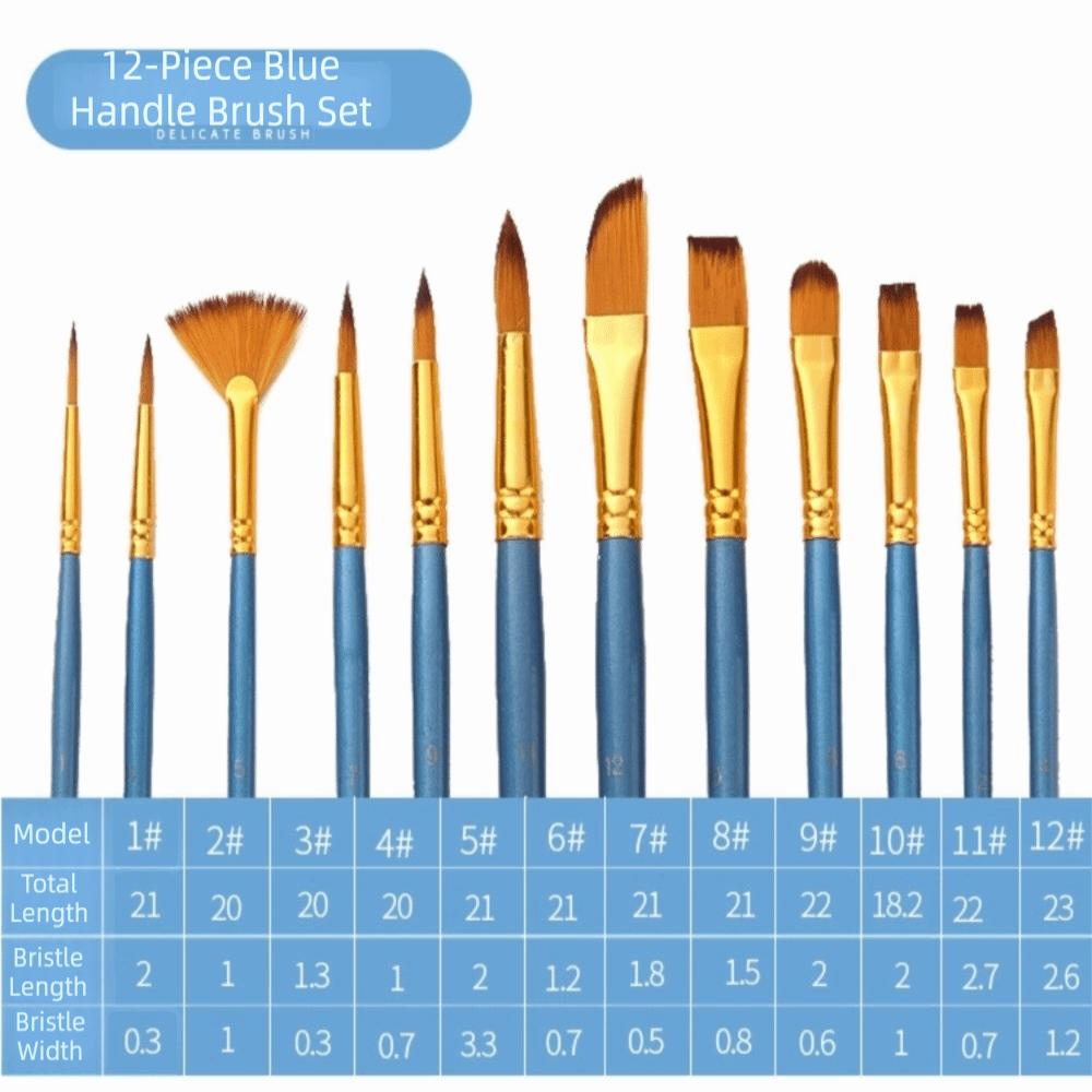 

12PCS Nylon Bristle Nylon Paint Brush Set Mixed Tips Triple Color Rods Art Painting Brushes Solid Handle синій