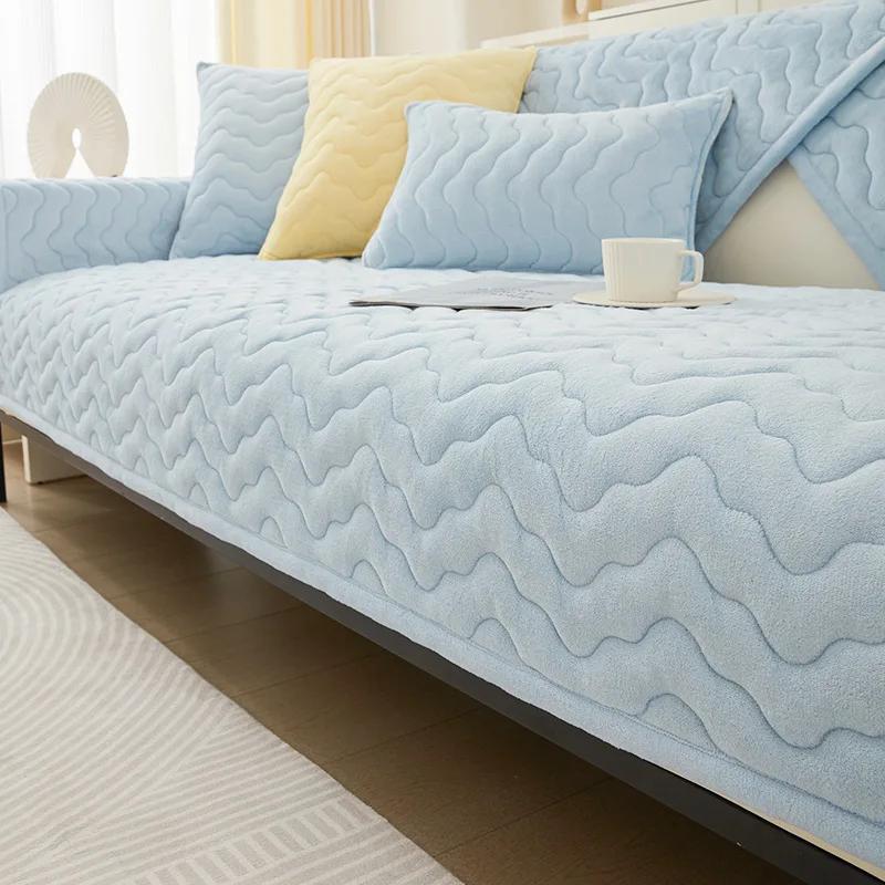 Waves Lines Sofatrekk Vinter Tykking Varm Plysj Sofa Håndkle Sklisikkert skinn Universal Ensfarget Sofaputer Stue
