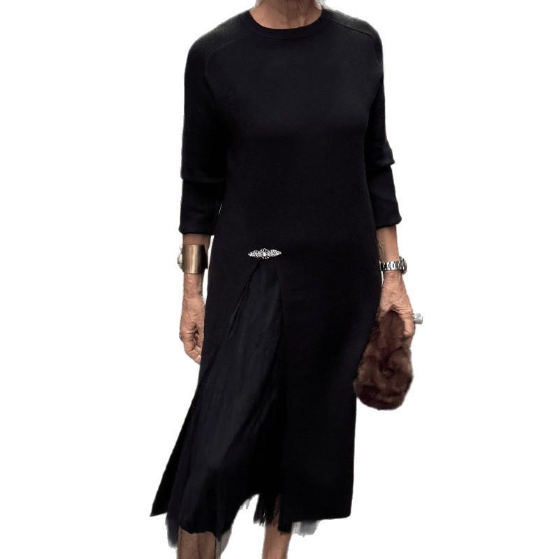 Europe and America Station New Autumn and Winter Crew Neck Knitted Dress Split Splicing Mesh Casual Ladies