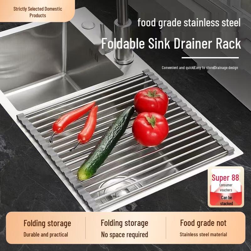 Gray Zhaoran Foldable Stainless Steel Kitchen Sink Dish Drainer with Knife Holder