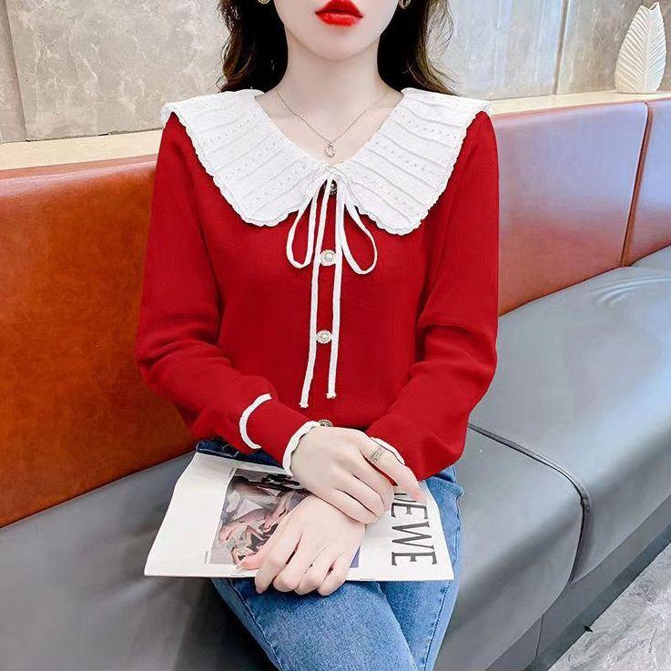 

Вязаный свитер с бантом и кукольным вырезом, с длинными рукавами, модная верхняя одежда на осень и зиму со шнуровкой, излучающая чувство темперамента и стиля 2XL красный