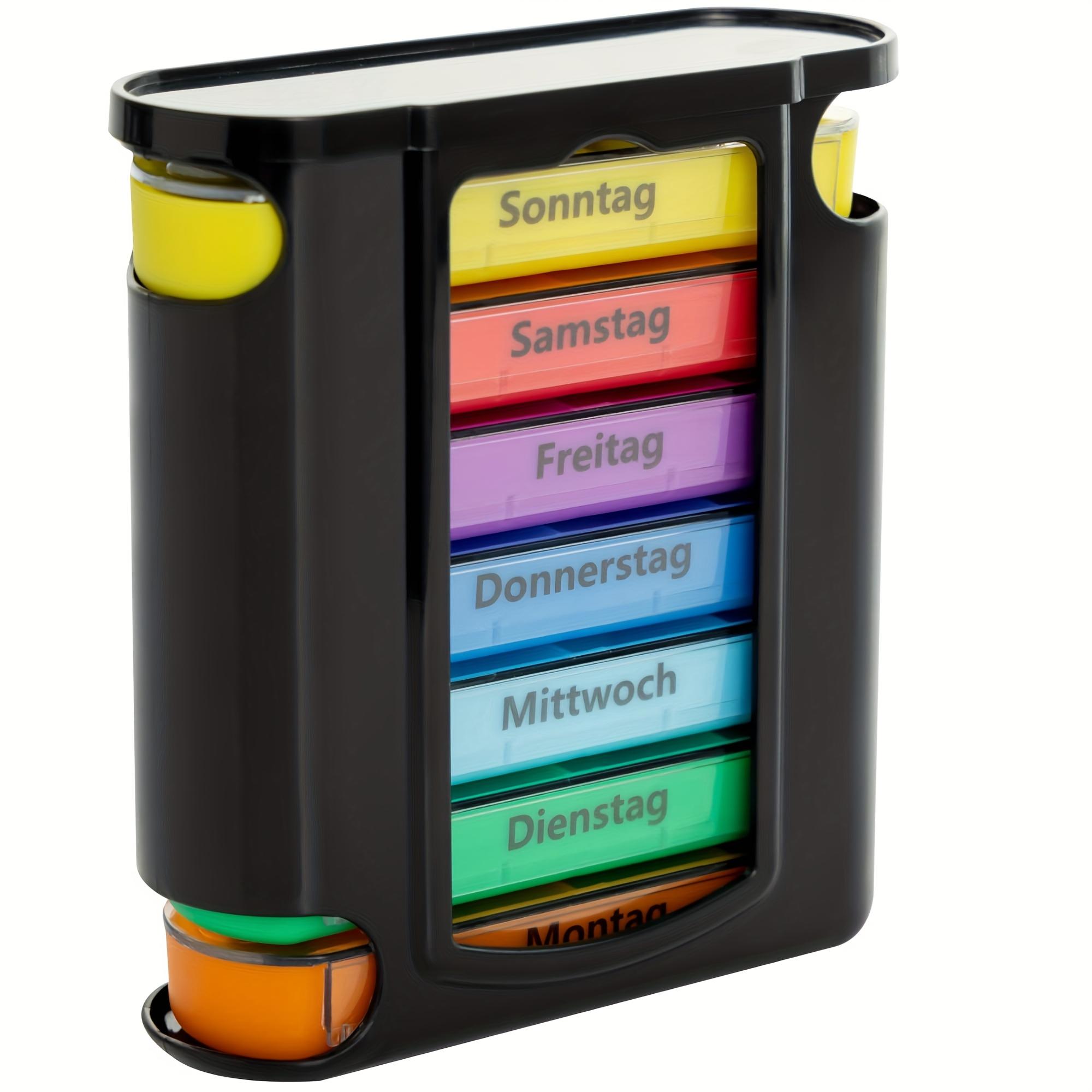 

German printing Weekly Pill Organizer, 7 Stackable Compartments Four Times-a-Day - Morning, Noon, Evening, and Bedtime чорний