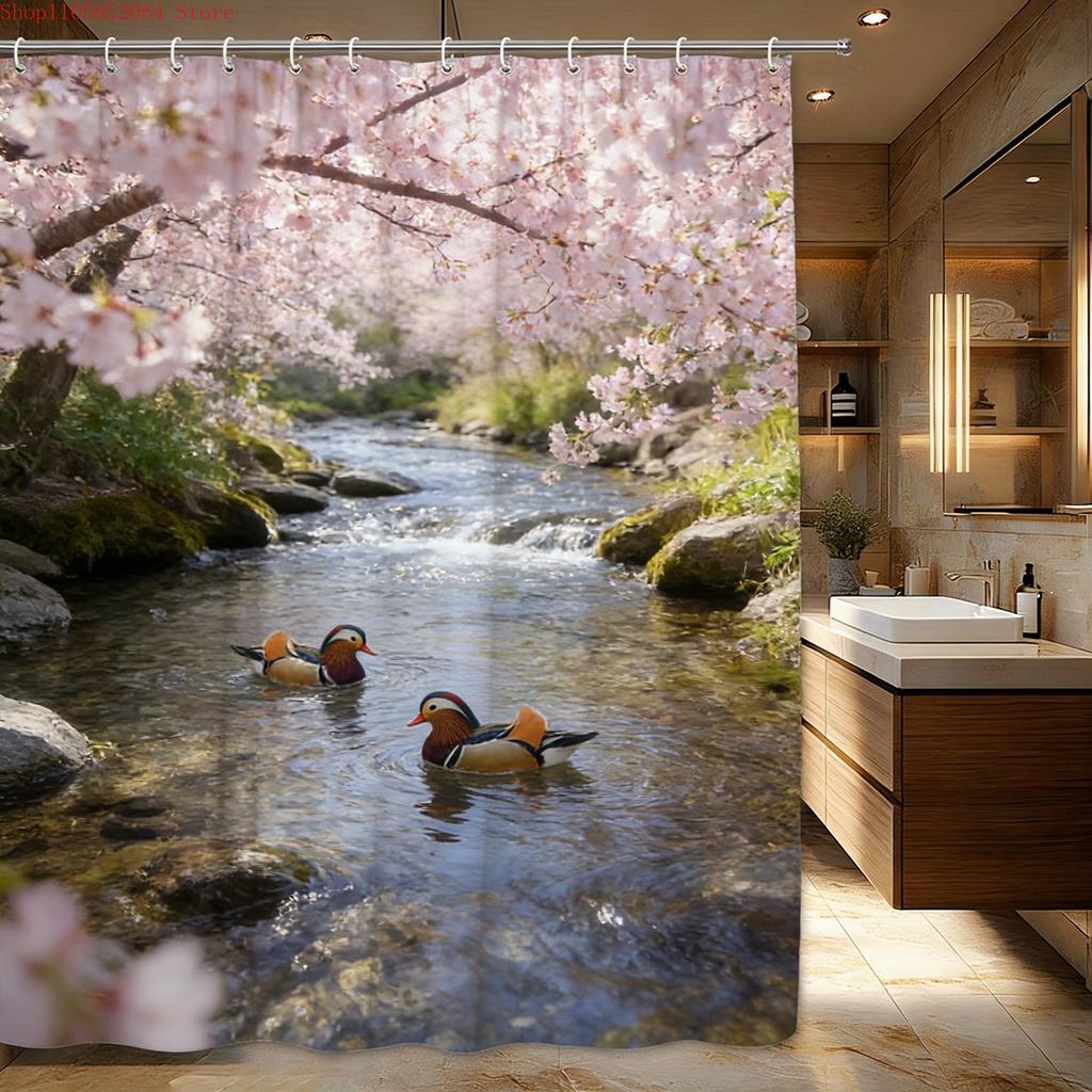 Cherry Blossom Duck Shower Curtain Machine Washable All Season Waterproof Privacy Protection Spring Nature Design Elegant12Hooks