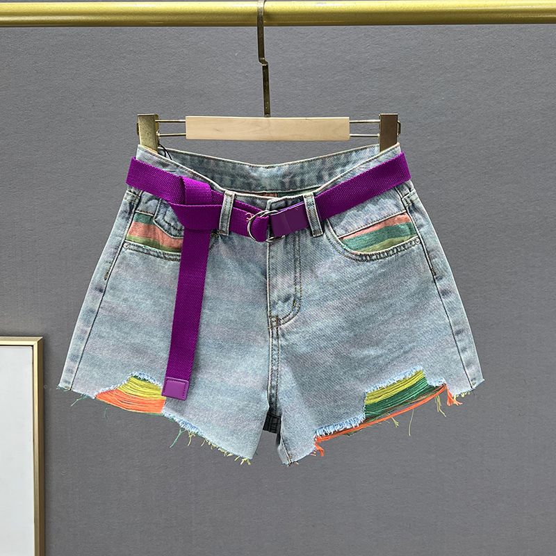 

European Goods Ripped Denim Shorts Women s Trendy 2022 New Arrival Summer Clothing High Waist Slim Looking Ins All-Match Wide Leg Pants Hot Pants Rainbow color S