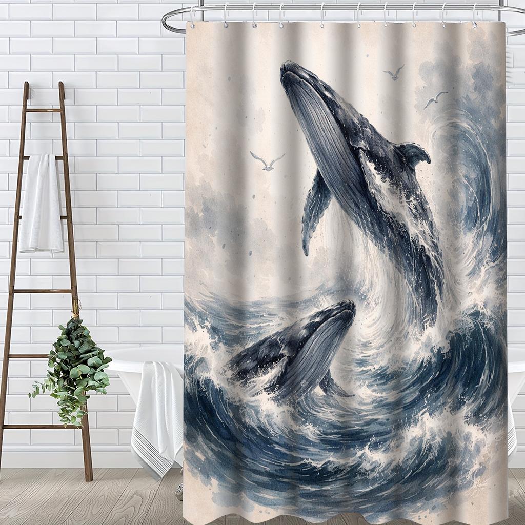 Watercolor Double Whale Breaching Illustration Shower Curtain 1Pc With 12 Hooks For Bathroom Home Decor Polyester 70.8X70.8 Inch