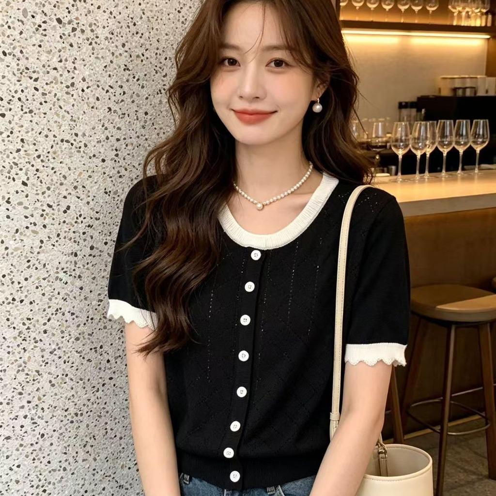 Knitted Top for Women In Summer, New Style, Front-opening Diamond-patterned, Open Wooden Ear Detail, Elegant Short-sleeved T-shirt Top