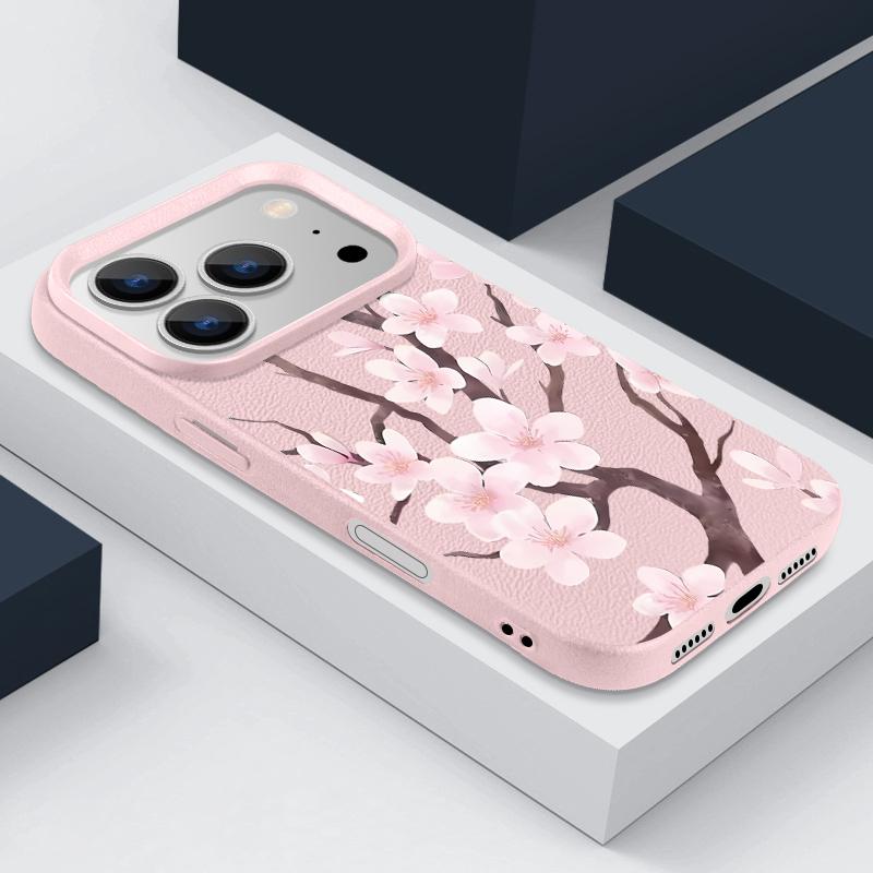 Hand-drawn Style Sakura Pattern Case For iPhone 17 Pro Max Leather Texture Soft Silicone Cover For iPhone 16 15 14 13 Pro 12 11 16E