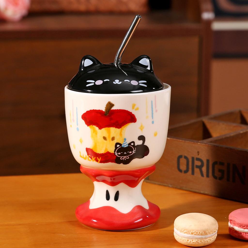 Handbemalter dreidimensionaler Apfelkern-Kelch Niedliche lustige Apfel-Katze Keramiktasse Geburtstags-Souvenir Mädchenbecher