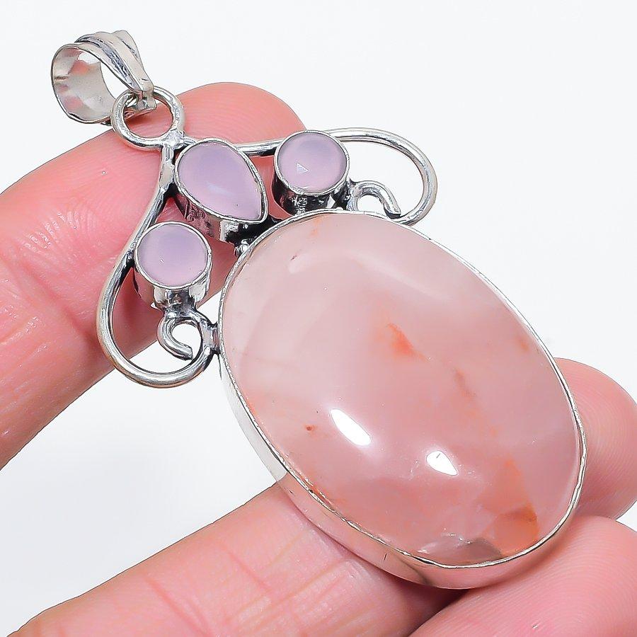 

Натуральный розовый кварц, халцедон 925 стерлинговое серебро ювелирная подвеска 2.52 B2U89