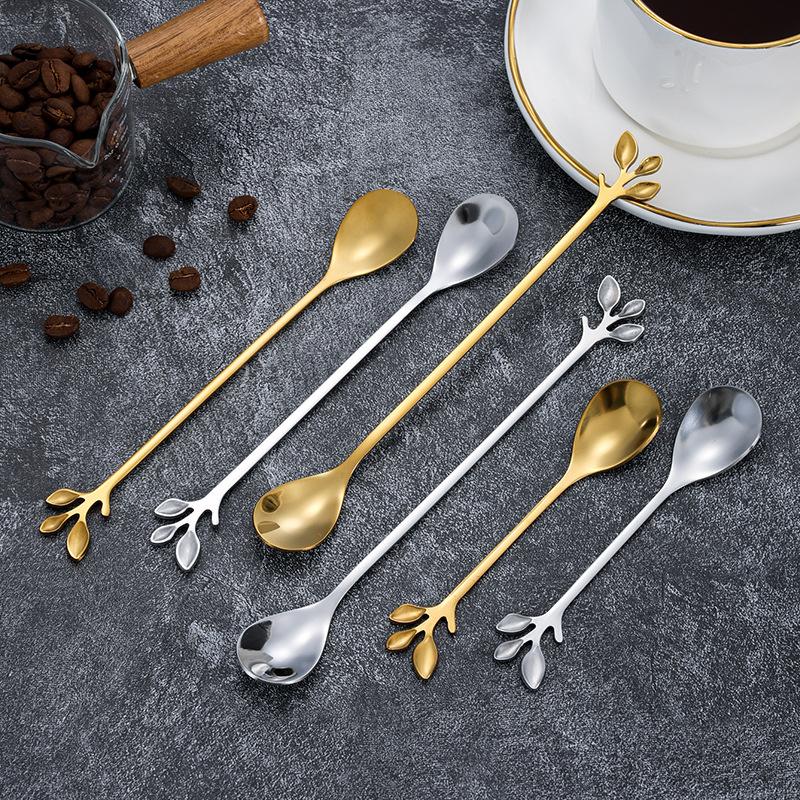 6Pcs Creative Personality Stainless Steel Gold Spoons Tree Leaf Spoon Coffee Spoon Tea Spoon Home Restaurant Dessert Cutlery Set