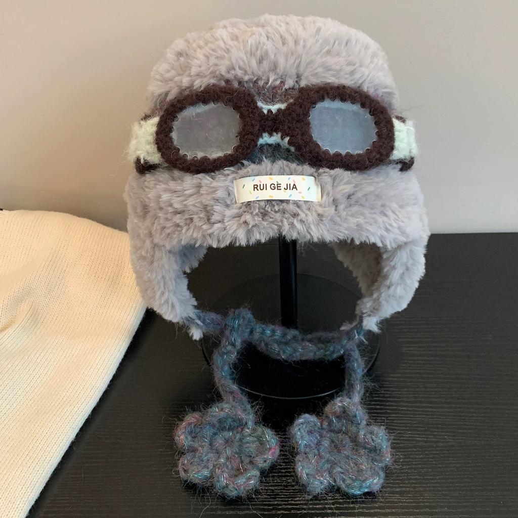 Fleece sandalwood cute glasses flying ear protectors Lei Feng hat children's autumn and winter warm plush knitted hat