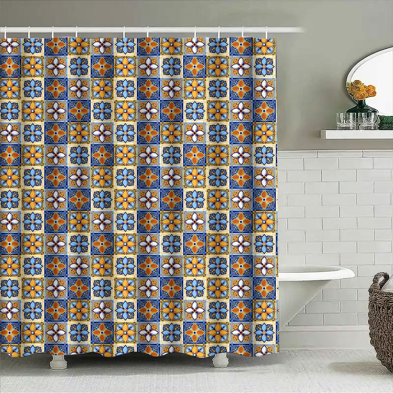 Blue Orange Flower Tile Shower Curtain Waterproof Bathroom Decor Print Home Decoration Customizable Size Available